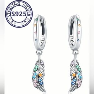 Silver Hoop Earrings with Multicolor Feather Charms